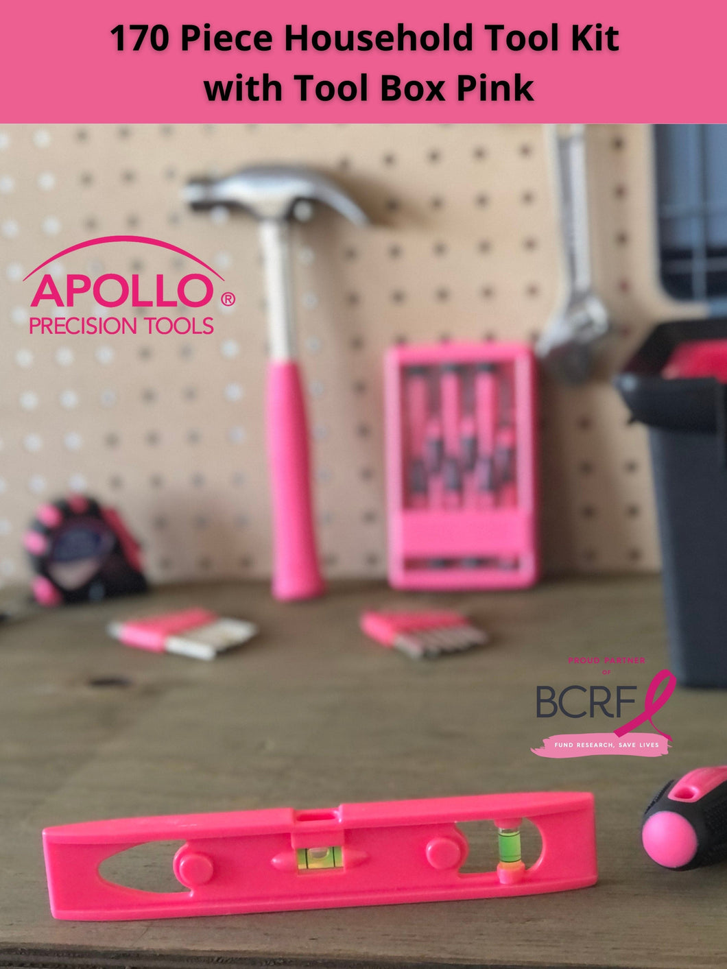 Apollo Tools 170 pc pink Household Tool Kit with Heavy Duty Tool Box